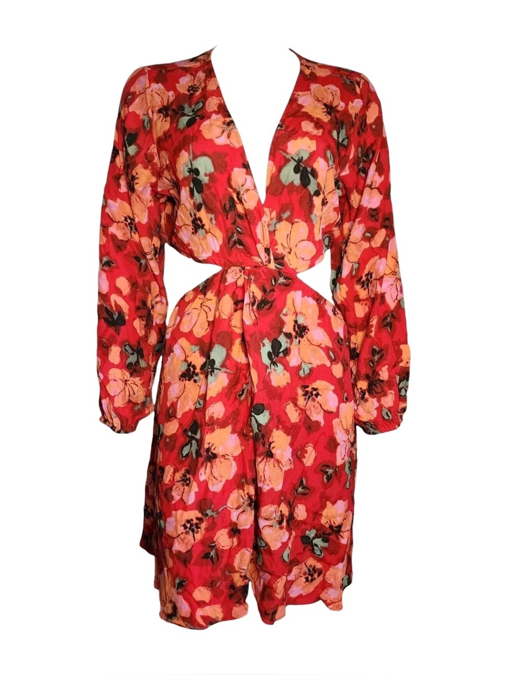 Red Floral Long Sleeve Cut-Out Dress